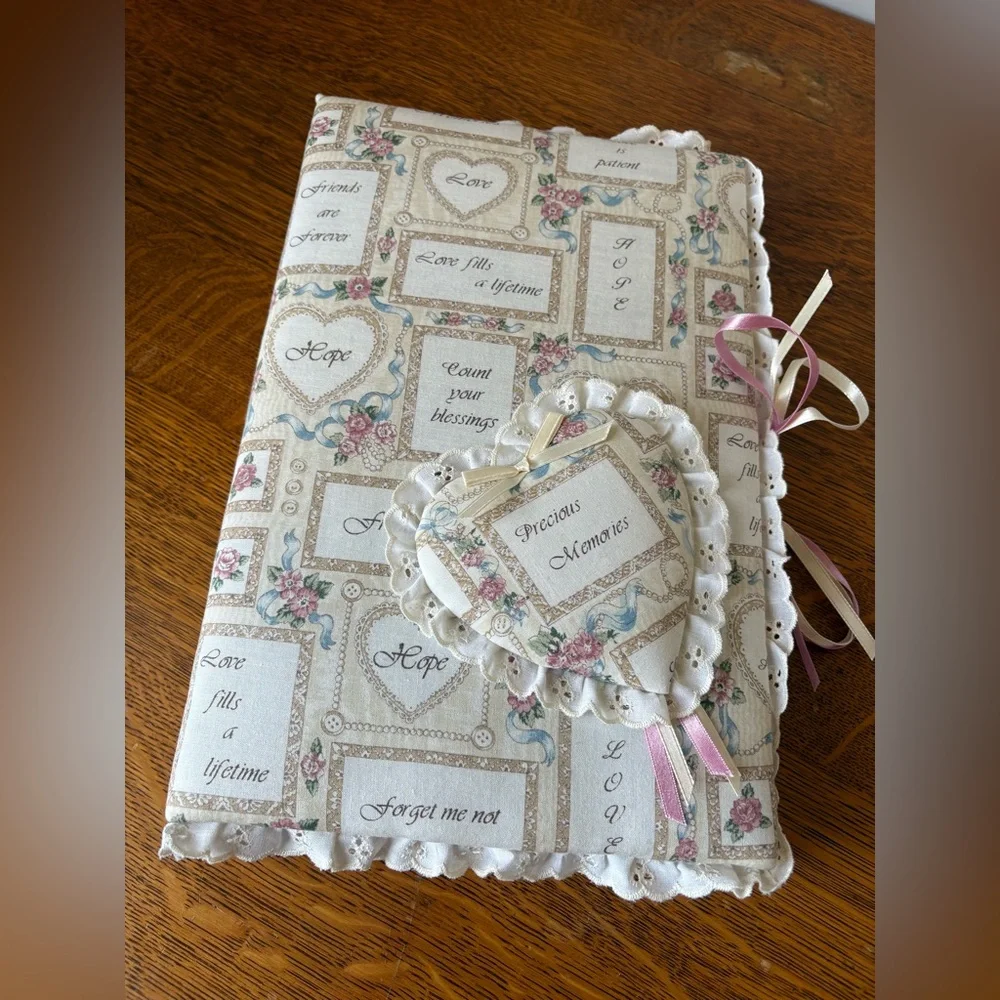 Vintage Fabric Covered Photo Album Shabby Chic Bow Heart Eyelet Scalloped Edge